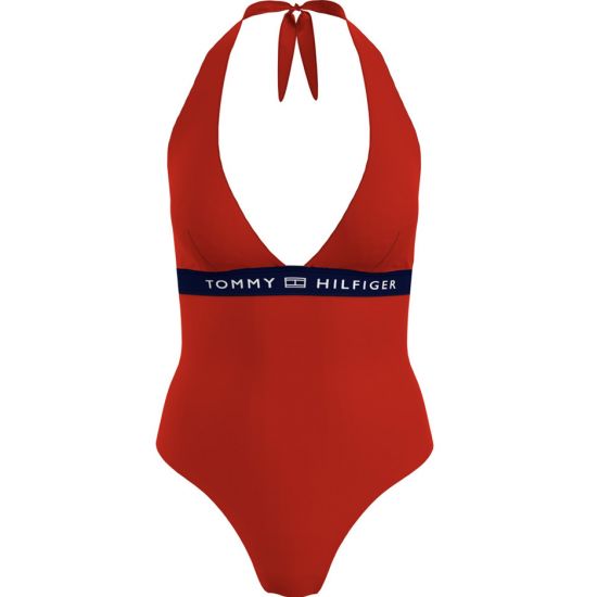 Womens Tape Logo Halter Swimsuit
