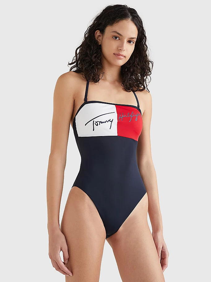 Womens Graphic Colorblock Bandeau Swimsuit